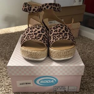 Soda Leopard Print Espadrille Ankle-Strap Wedges - Brown
